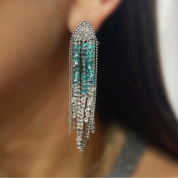 Ayounik Beaded Tassel Earrings Silver Blue NEW - Picture 7 of 7
